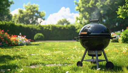 Elegant grill set up on lush green grass with ample copy space for text and outdoor cooking themes