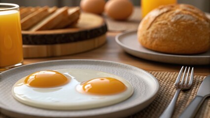 A delicious breakfast spread featuring fried eggs, toast, a loaf of bread, and orange juice, presented on a rustic wooden table.