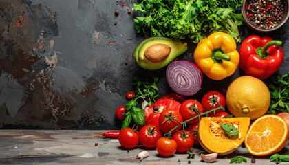 Fresh and colorful variety of vegetables and fruits arranged beautifully for healthy cooking with ample copy space