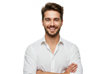 Confident young man with a friendly smile and stylish hair posing with folded arms transparent background