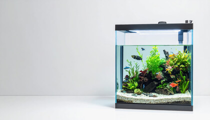 A stunning fish tank full of colorful fish and plants as a centerpiece for home decor with copy space for text