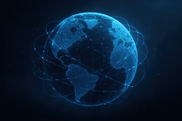 Blue digital globe with glowing network lines data connections and subtle depth of field