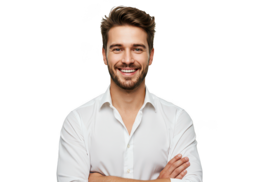 Confident young man with a friendly smile and stylish hair posing with folded arms transparent background - Powered by Adobe