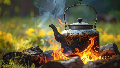 Kettle hanging over campfire with flames and smoke creating a cozy outdoor cooking atmosphere and warmth
