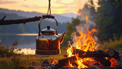 Kettle hanging over campfire surrounded by flames and smoke creating a rustic outdoor cooking ambiance