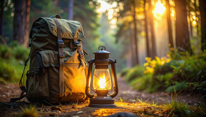 Outdoor backpack with glowing lantern beside it creating a cozy atmosphere and ample copy space for text ideas