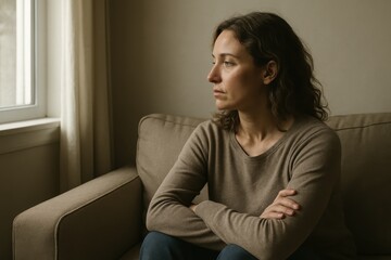 Obraz premium Pensive young woman gazing out window seated on couch in moody home light introspective
