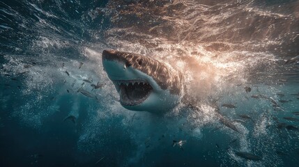 Naklejka premium Majestic Great White Shark Emerging from Ocean Depths with Striking Teeth and Bubbles in Crystal Clear Water