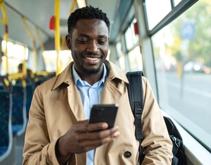 Smiling man using his phone on a city bus