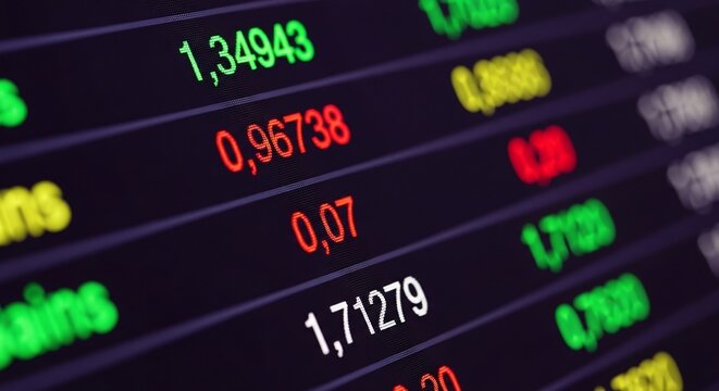 Close-up of financial stock market data with fluctuating numbers in green, red, and white on a dark digital display