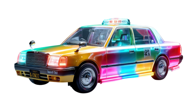 Rainbow Taxi: This eye-catching taxi is transformed into a canvas of color with a vivid spectrum of rainbow hues, symbolizing vibrant transport.