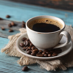 Fototapeta premium a cozy cup of freshly brewed coffee on a rustic wooden table.