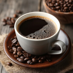 Fototapeta premium a cozy cup of freshly brewed coffee on a rustic wooden table.