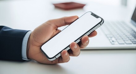 Businessman's hand holding modern smartphone with blank white screen, with blurred office background and laptop