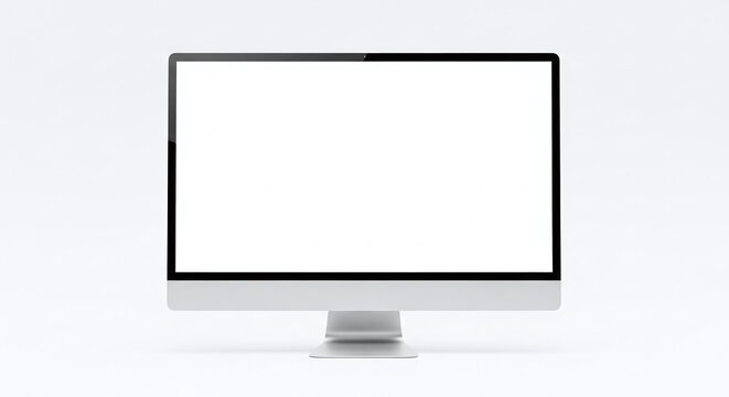 Modern desktop computer monitor with blank white screen isolated on white background