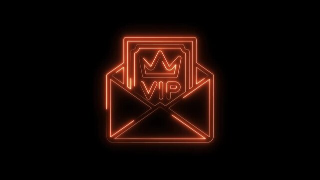 Neon vip invitation card in an envelope glowing on a black background with crown