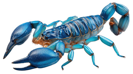 Blue Scorpion: A striking, photorealistic macro shot showcases the intricate details of a vibrant blue scorpion. Emphasizing its claws, tail and unique color.