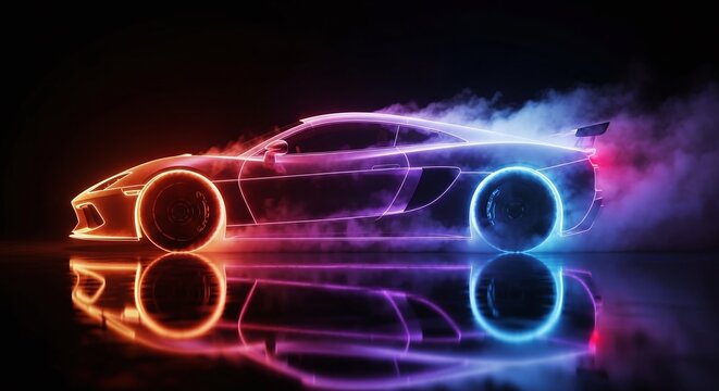 Futuristic sports car with neon glow outline in gradient orange, purple, and blue, emitting smoke on a dark reflective background - Powered by Adobe