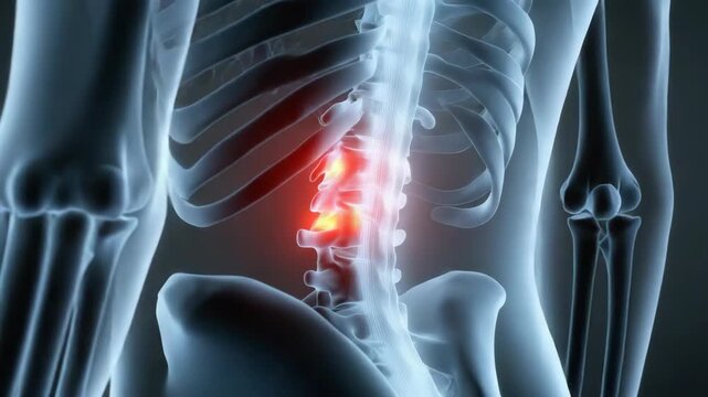 medical 3D rendering displays translucent human torso side view The skeletal frame featuring ribs and spinal column is visible Intense red highlights indicate significant pain in the lower back and ri