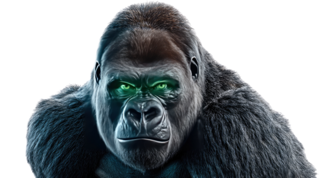 Mystical Gorilla Stare: A close-up portrait of a powerful gorilla gazing intensely, with glowing eyes that emit an aura of mystery and intelligence.