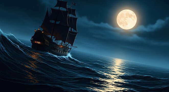 Mysterious dark sailing ship with glowing windows on rough ocean waves under a full moonlit night