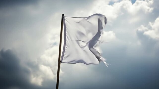 White flag waves, signaling truce, peace, or surrender in cloudy sky
