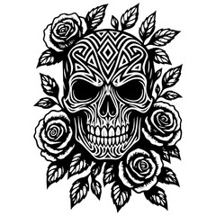 Tribal Skull with Roses Vector Illustration – Black and White Tattoo Design