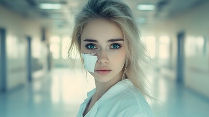 Blonde woman with bandage in hospital, emotional portrait after accident
