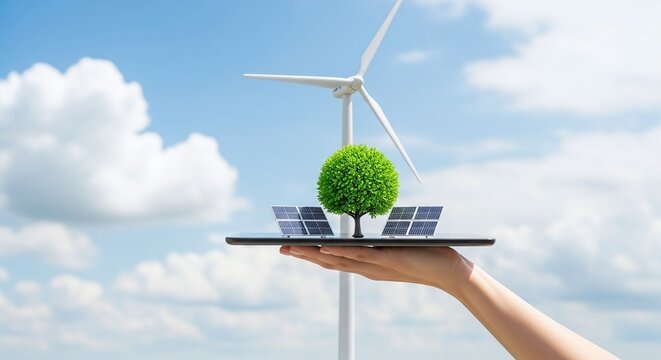 Hand holding tablet with green tree and solar panels, showcasing renewable energy concept against a wind turbine and blue sky with clouds