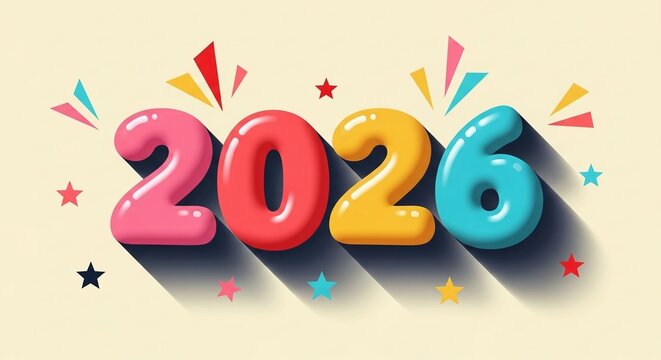 Colorful glossy 3D 2026 numbers with festive stars and confetti on a light beige background