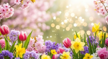 Vibrant display of colorful spring blossoms including tulips, daffodils, and cherry blossoms bathed in soft sunlight with a blurred bokeh background, creating a cheerful, seasonal atmosphere of...