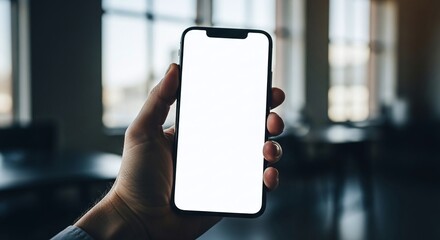 Hand holding modern smartphone with blank white screen vertically in a blurred office setting