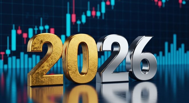 Golden textured and silver chrome 3D 2026 numbers in a financial setting with blurred stock market chart background