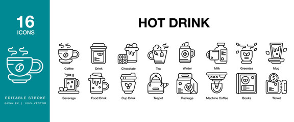 Hot Drink icon set. Includes drink, hot, cup, coffee, beverage and More. Editable Stroke Icon Collection.