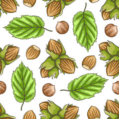 Seamless pattern of hazelnuts and green leaves on a white background