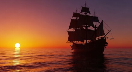 Large sailing ship silhouette on the open ocean at dramatic sunset with vibrant sky