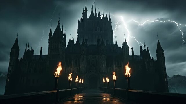 Dark castle under a stormy sky with lightning strikes illuminating the architecture and torch lights providing an eerie glow on the bridge leading up to it.