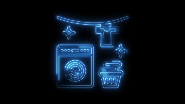 Glowing laundry icon animation featuring washing machine clean clothes and bright sparkles