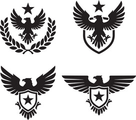 Fototapeta premium Soaring Emblem Set: A collection of striking emblem designs showcasing a majestic eagle in various stylized presentations, offering a versatile and impactful graphic resource.