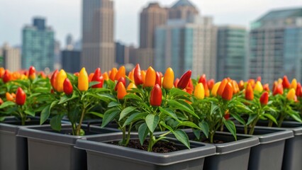 Fototapeta premium Vibrant chili pepper plants in pots set against a city skyline, showcasing urban gardening and colorful produce.