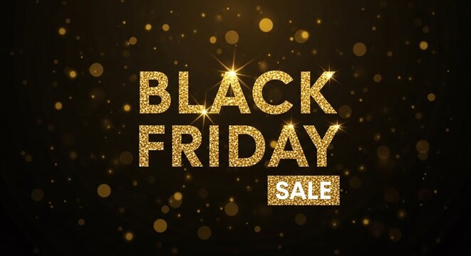 Black Friday Sale text with sparkling gold glitter on dark bokeh background - Powered by Adobe