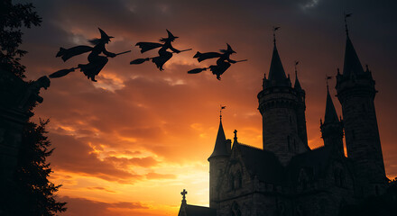 Obraz premium Silhouette of witches flying on broomsticks against a sunset sky with a castle.