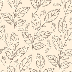 Seamless pattern of thin brown lines depicting leaves and seed pods on a beige background