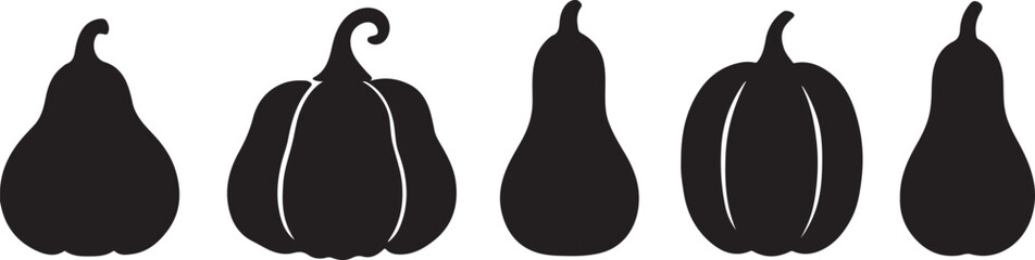 Silhouette Pumpkins: An elegant black silhouette of various pumpkins, perfectly showcasing the diverse shapes and forms of these autumnal icons. It captures the essence of fall.
