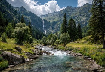 Alpine stream with waterfall. Lush valley
