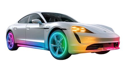 Fototapeta premium Electric Car with colorful lights: A modern electric car showcases futuristic design with vibrant, colorful lights, offering a dynamic display of technology and innovation.