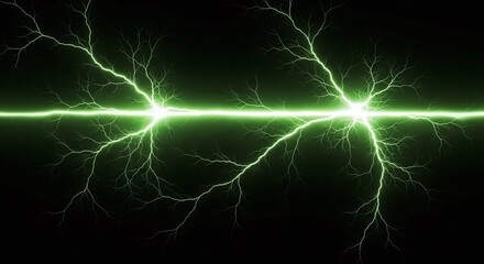 Green lightning bolt electric discharge with branching current on black background