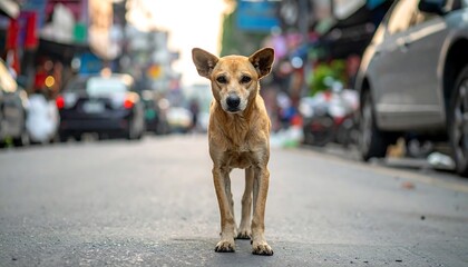 Stray Dog Stands Alone on a Busy City Street