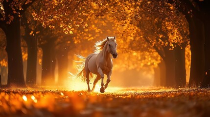 White horse galloping through a golden autumn forest.