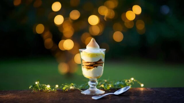 Delicious Dessert Parfait with Meringue and Cookies Served Outdoors at Night.